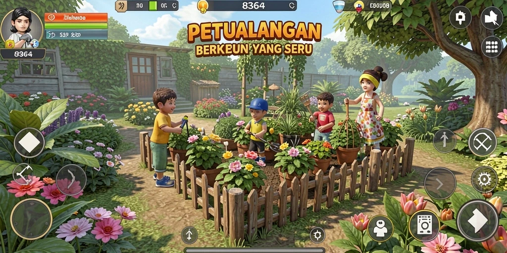 Screenshot utama 8364 menampilkan kebun yang indah dengan beragam tanaman dan hewan.