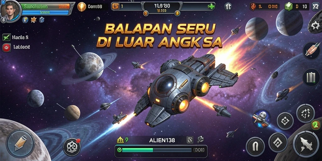 Tampilan gameplay menarik dari ALIEN138 saat balapan di luar angkasa.