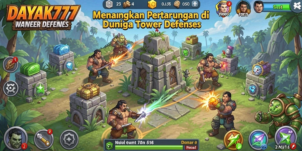 Tangkapan layar DAYAK777 menampilkan aksi seru dalam pertempuran Tower Defense.