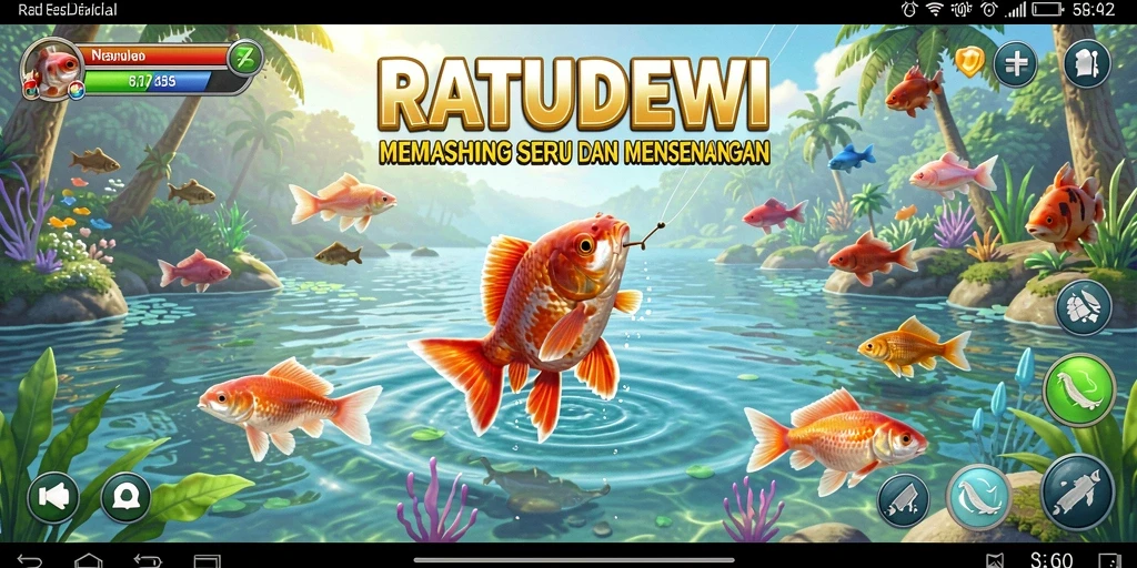 Screenshot tampilan gameplay seru RATUDEWI dengan aktivitas memancing.
